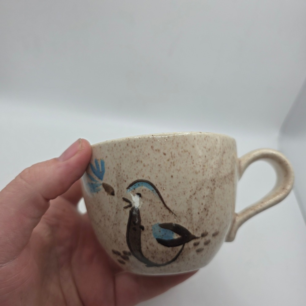 Vintage Harris Potteries Chicago Blue Bird Mug Speckled Stoneware MCM USA